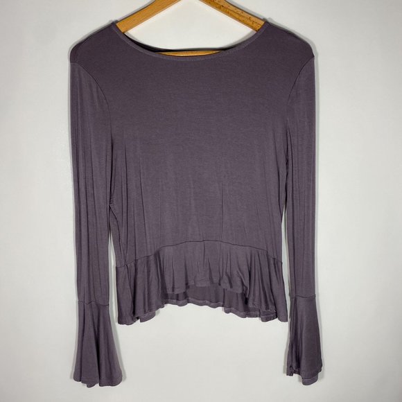 Bluenotes Womens Top U Neck Ruffle Peplum Longsleeve Purple Sz S - Picture 1 of 8